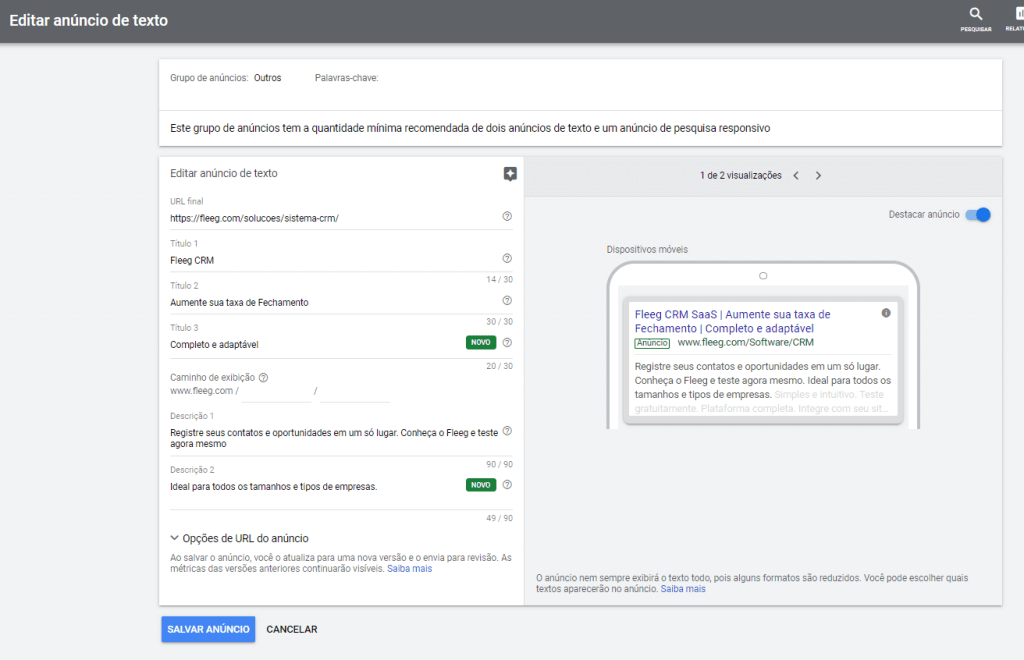 Configurando anúncio no Google Ads